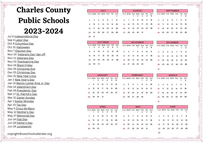 Charles County Public Schools Calendar with Holidays 20232024