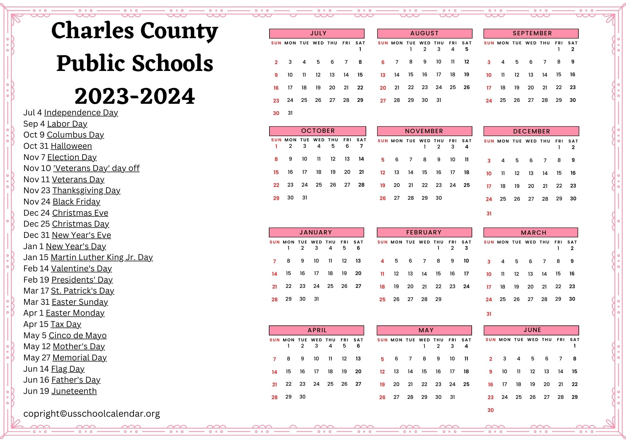 Charles County Public Schools Calendar with Holidays 20232024