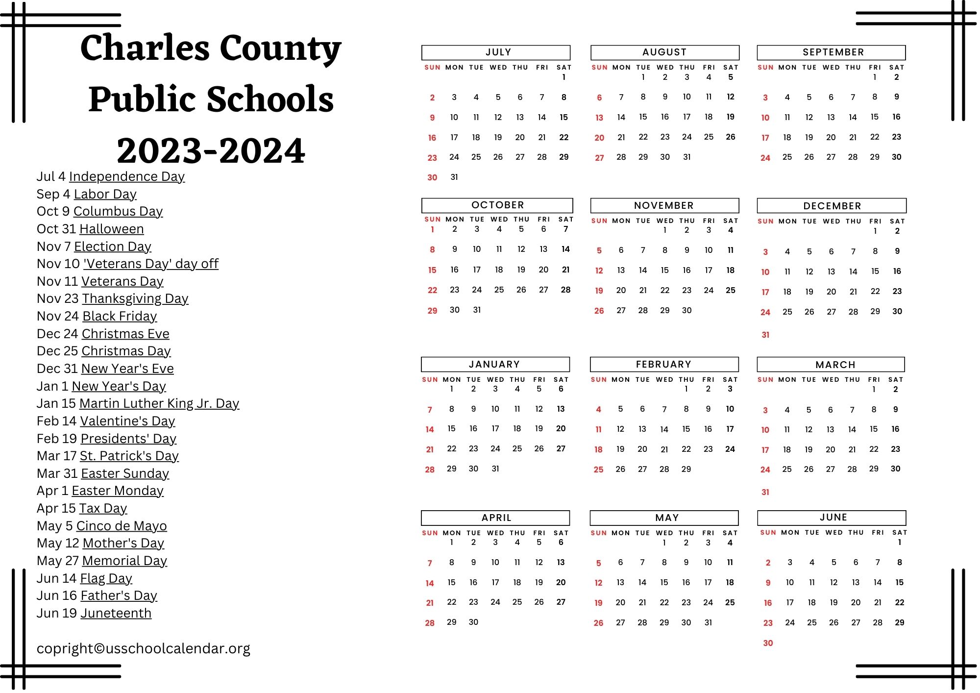 Charles County Public Schools Calendar with Holidays 20232024