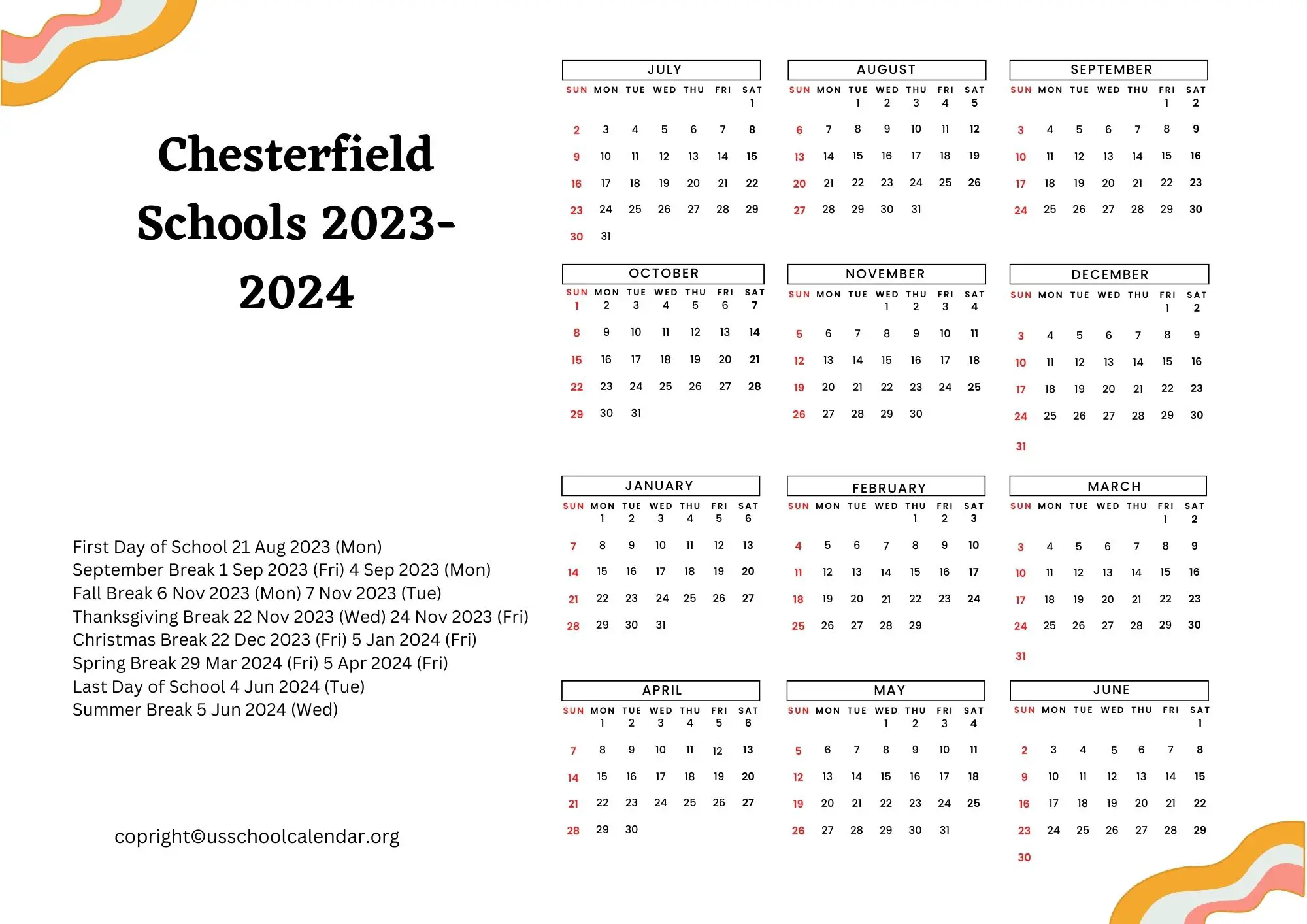 Chesterfield Schools Calendar with Holidays 20232024