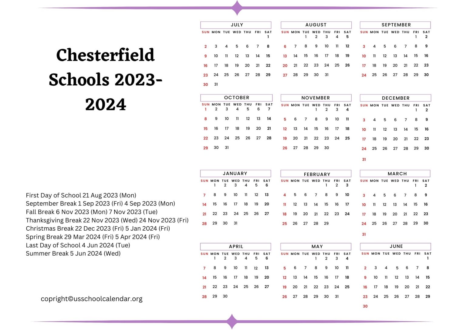 Chesterfield Schools Calendar with Holidays 20232024