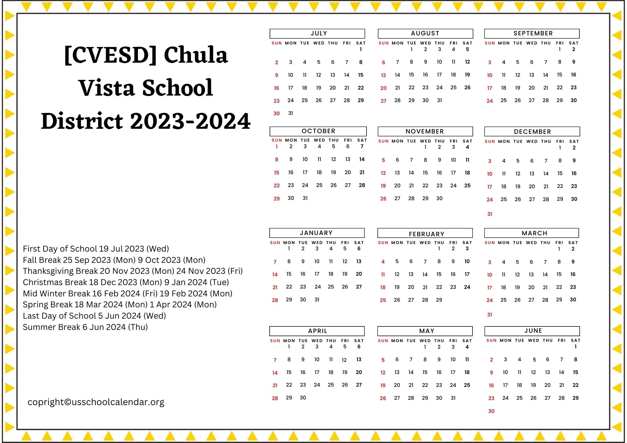 [CVESD] Chula Vista School District Calendar Holidays 20232024