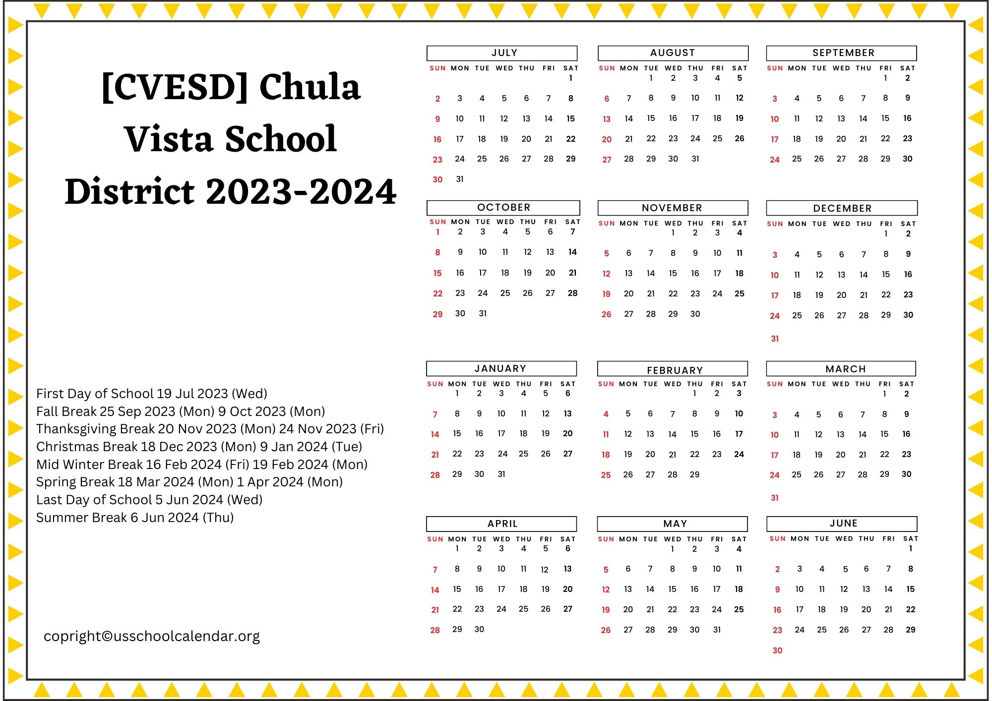  CVESD Chula Vista School District Calendar Holidays 2023 2024