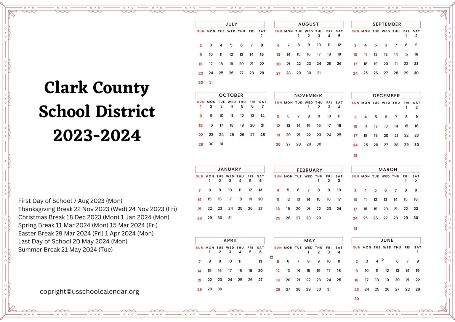 Clark County School District Calendar With Holidays 20232024