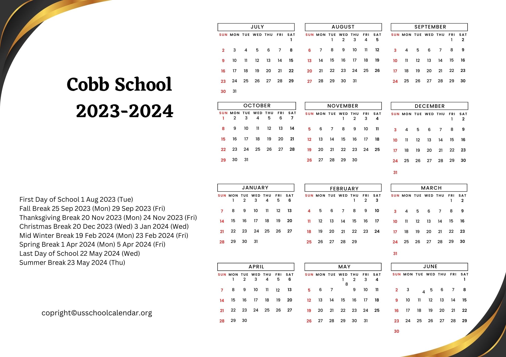 Cobb School Calendar with Holidays 20232024