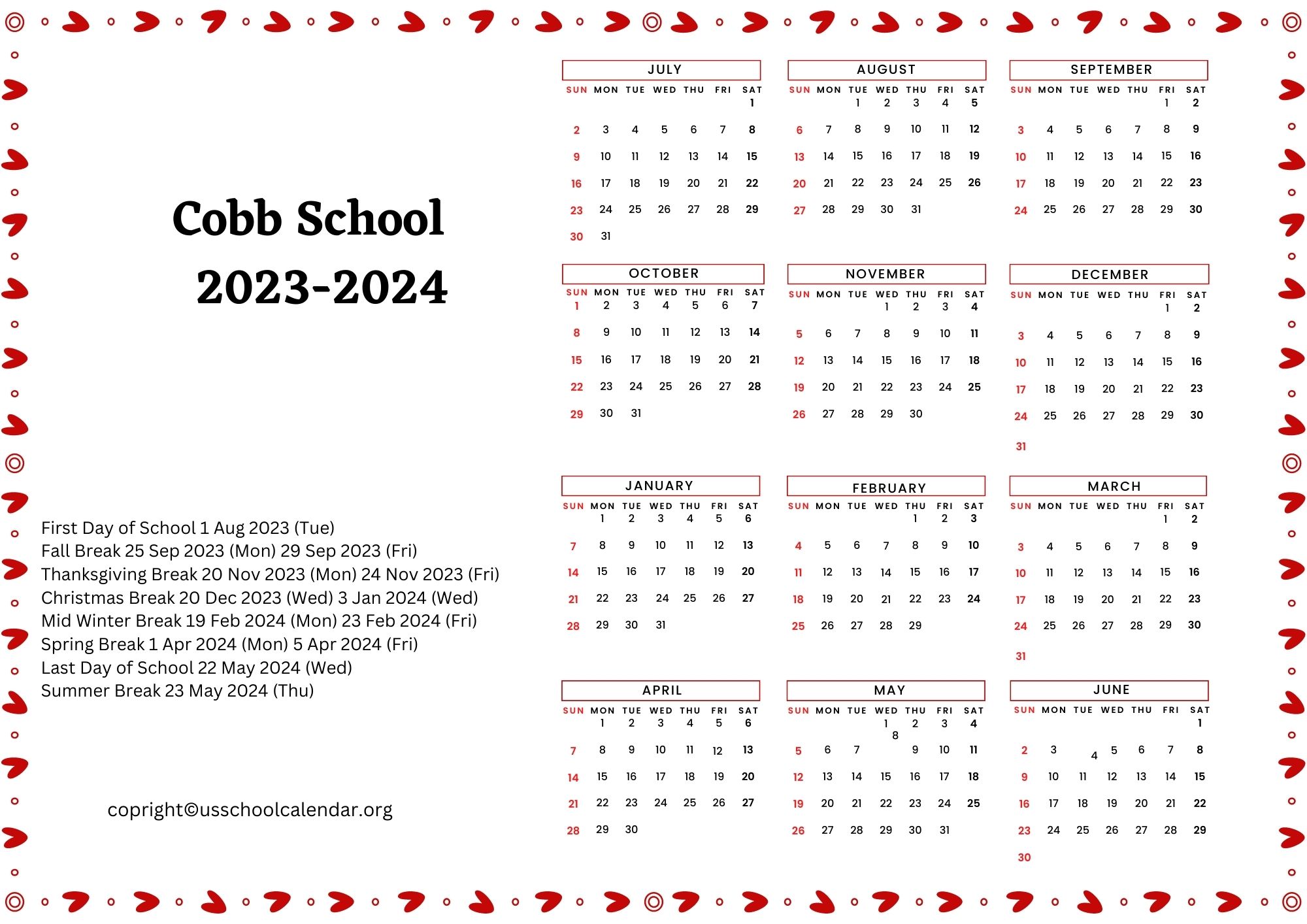 Cobb School Calendar with Holidays 20232024