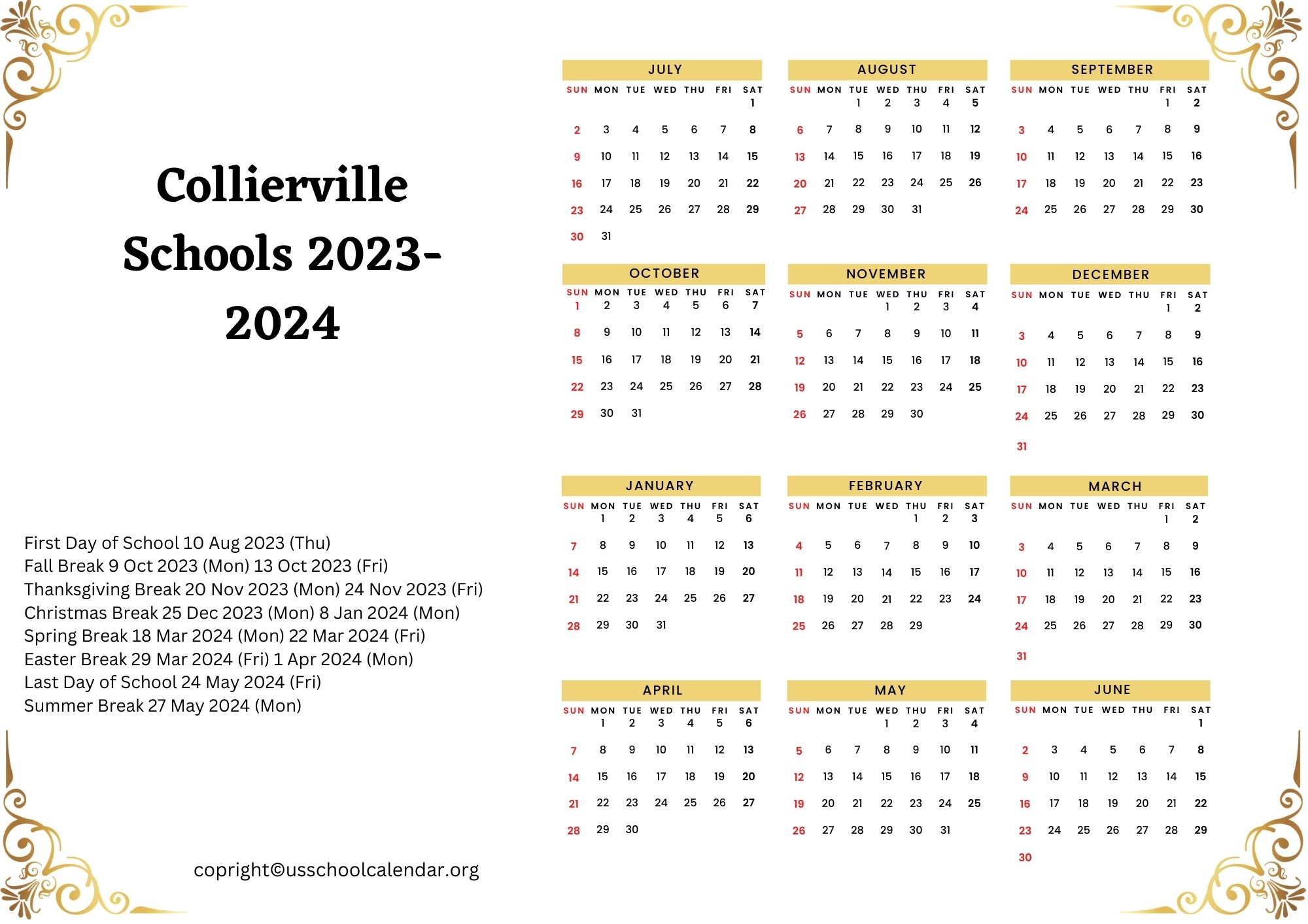 Collierville Schools Calendar with Holidays 2023 2024