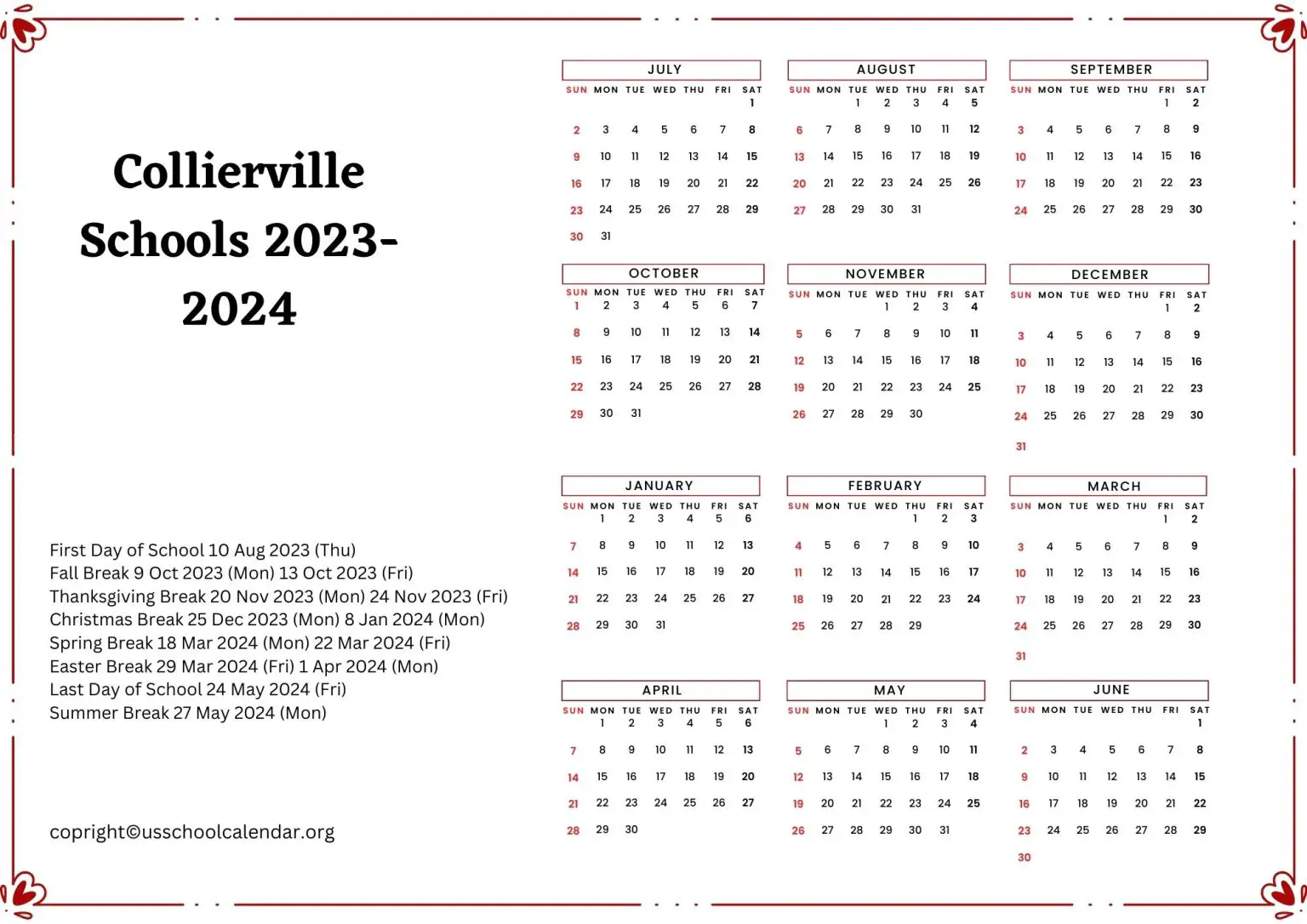 Collierville Schools Calendar with Holidays 20232024