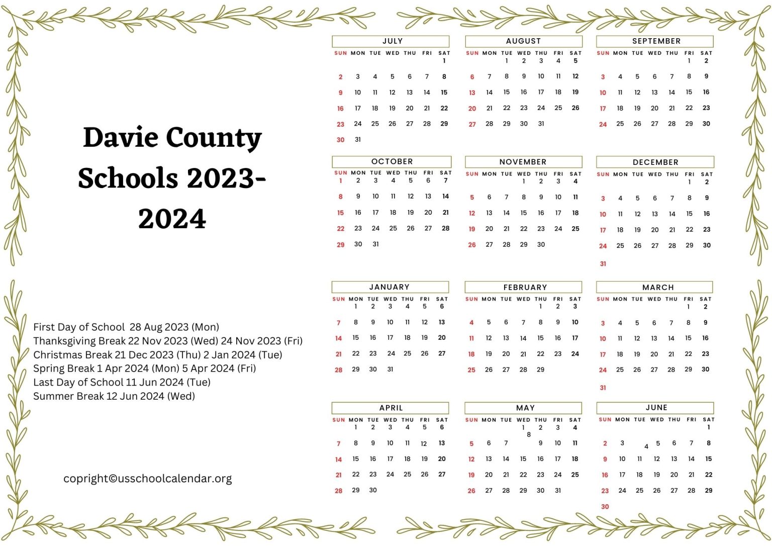 Davie County Schools Calendar with Holidays 20232024