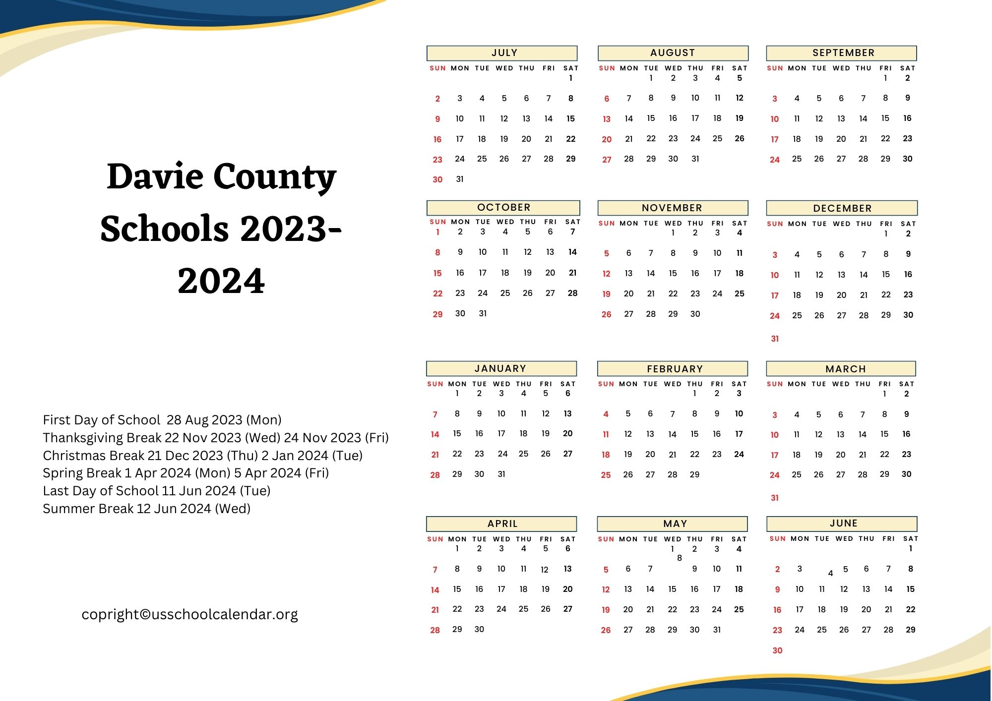 Davie County Schools Calendar with Holidays 20232024