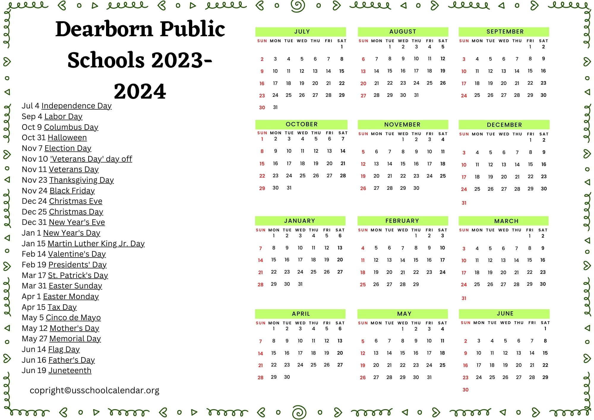 Dearborn Public Schools Calendar with holidays 20232024