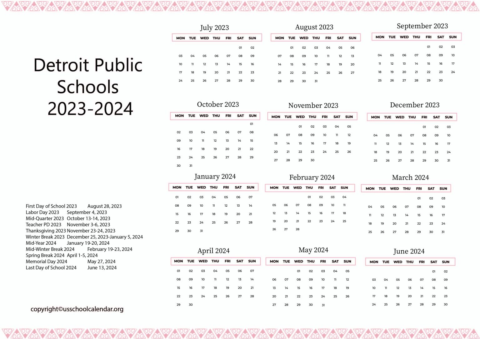Detroit Public Schools Calendar with Holidays 20232024