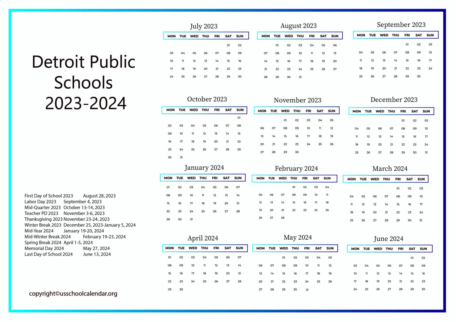 Detroit Public Schools Calendar with Holidays 20232024