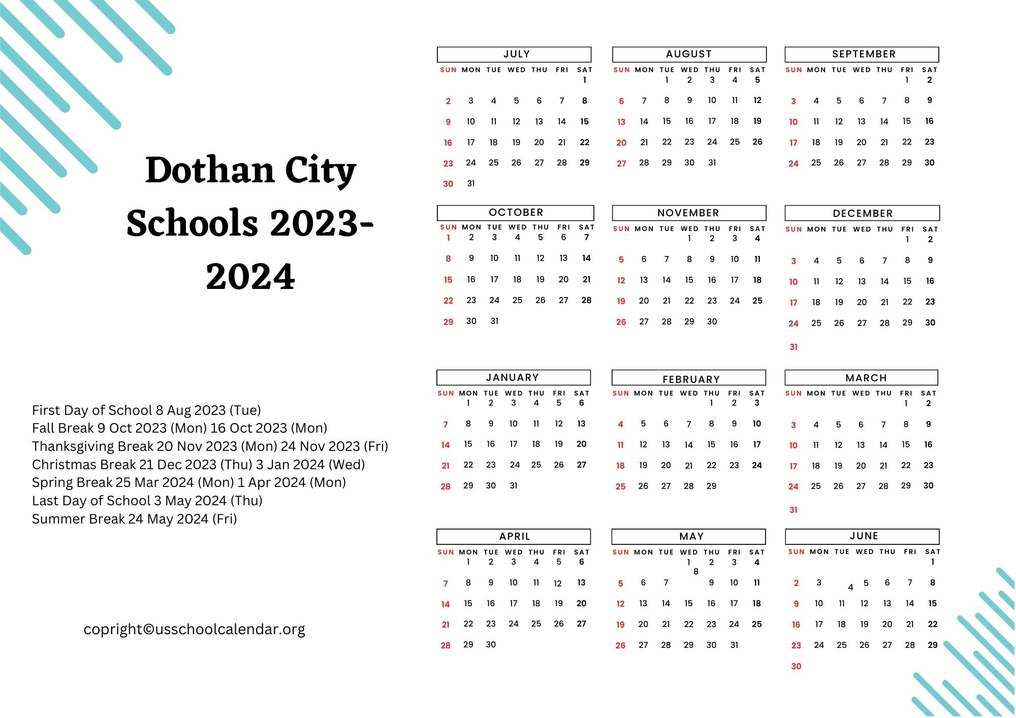Dothan City Schools Calendar with Holidays 2023-2024