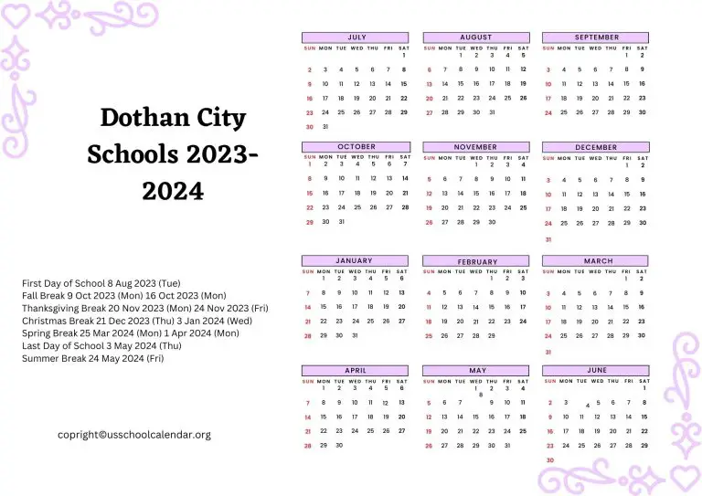 Dothan City Schools Calendar with Holidays 20232024