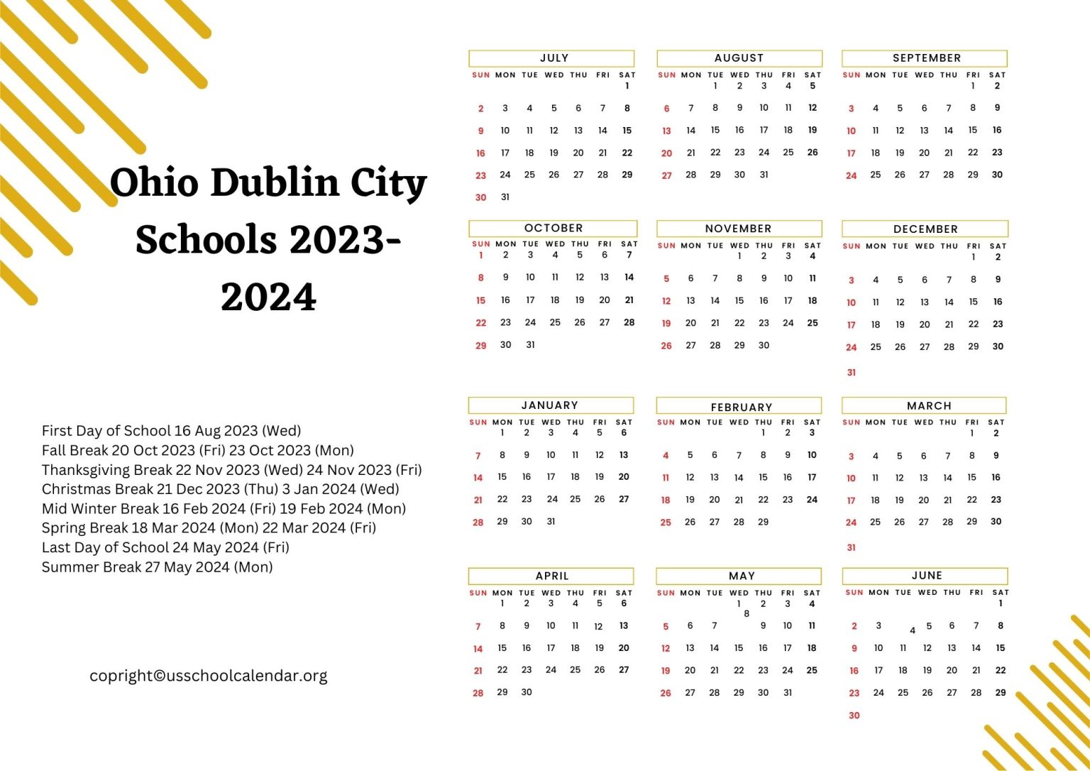 Ohio Dublin City Schools Calendar with Holidays 20232024