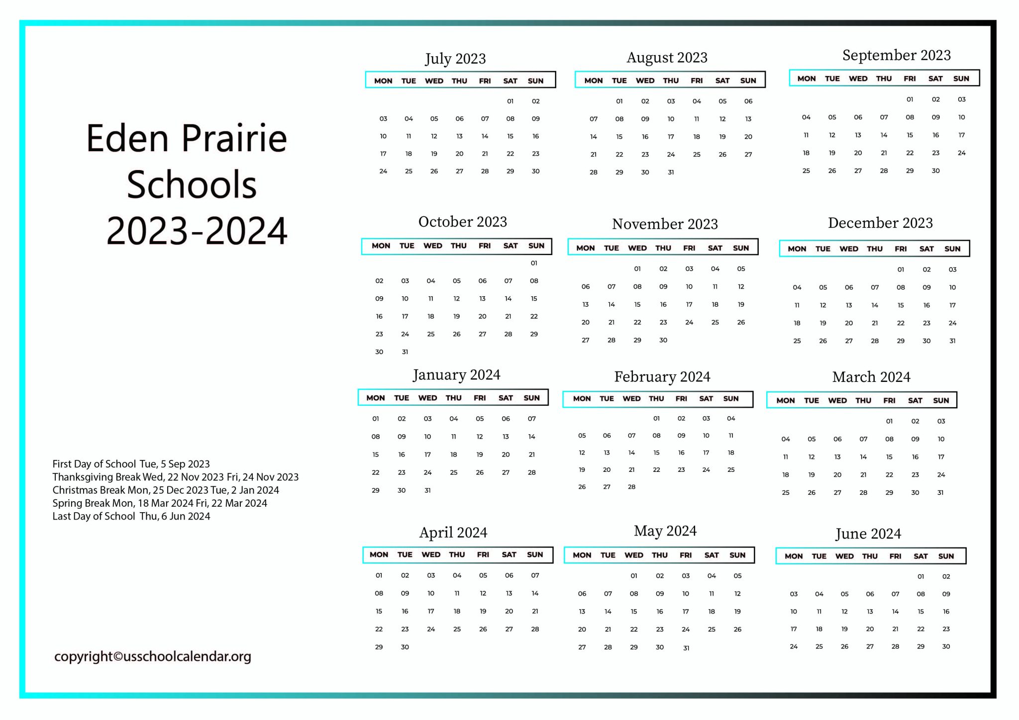 Eden Prairie Schools Calendar with Holidays 20232024