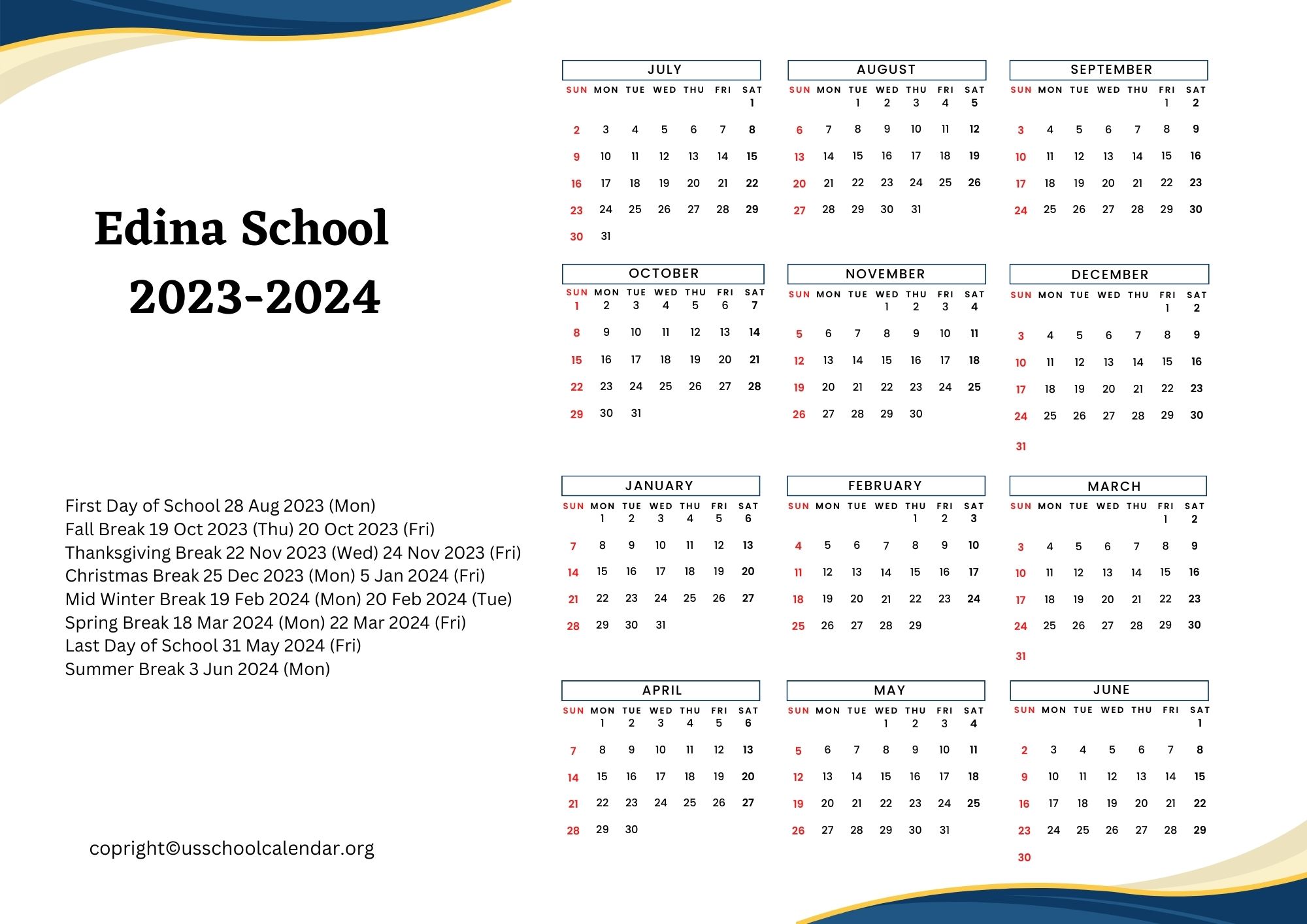 Edina School Calendar with Holidays 20232024