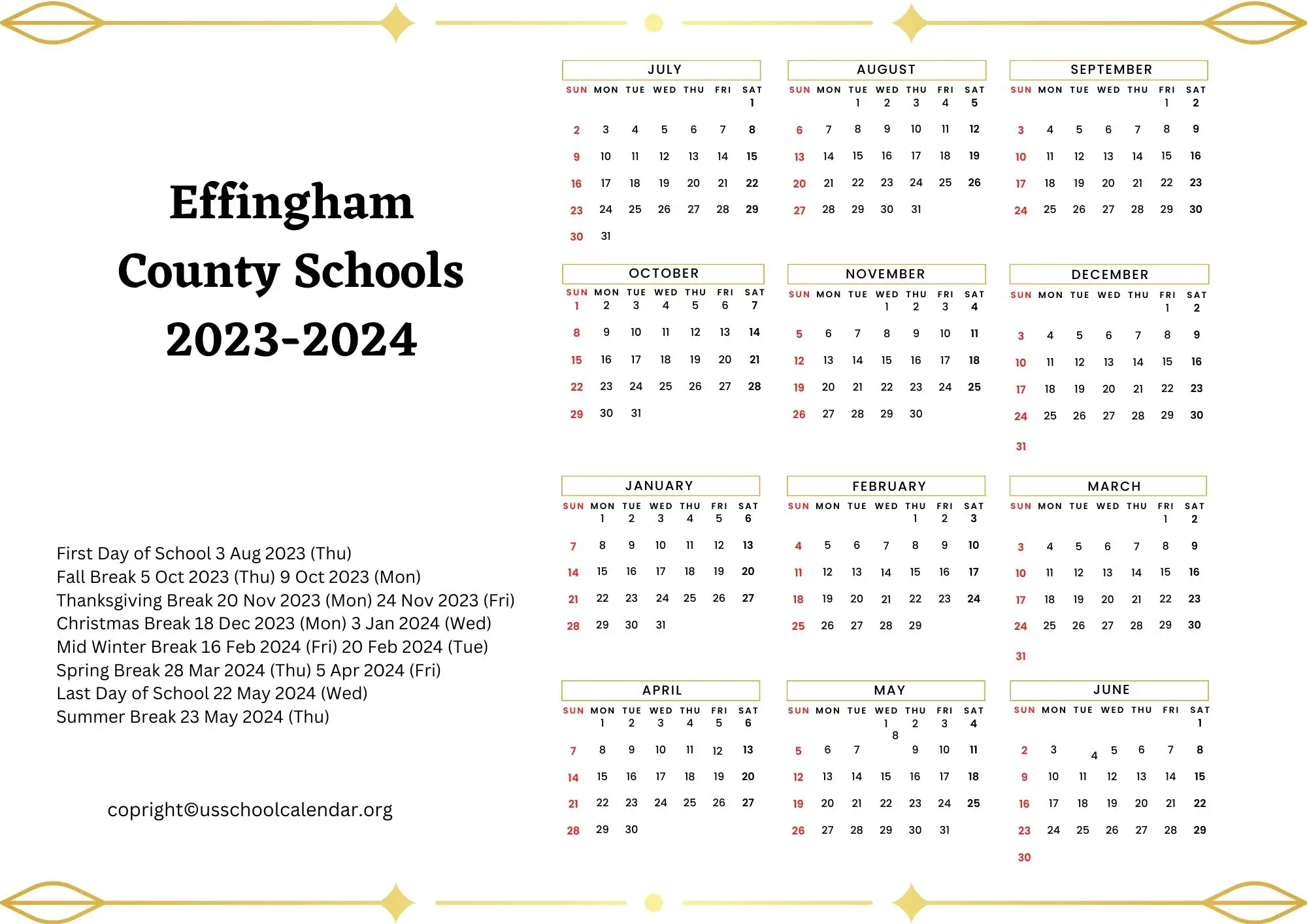 Effingham County Schools Calendar with Holidays 20232024