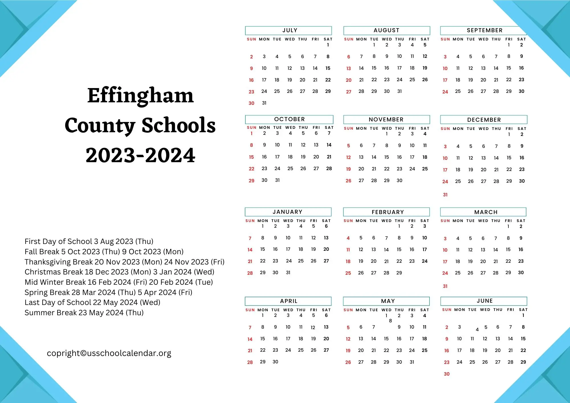 Effingham County Schools Calendar with Holidays 20232024