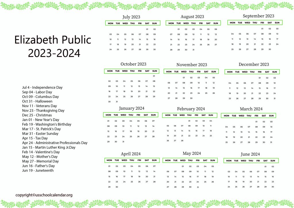Elizabeth Public Schools Calendar