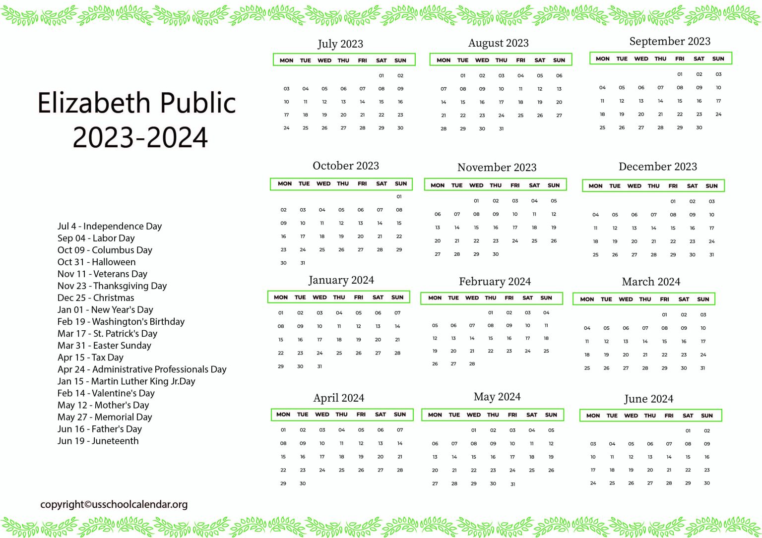 Elizabeth Public Schools Calendar with Holidays 20232024
