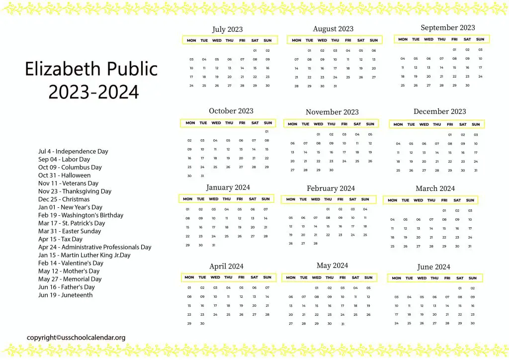 Elizabeth Public Schools Holiday Calendar