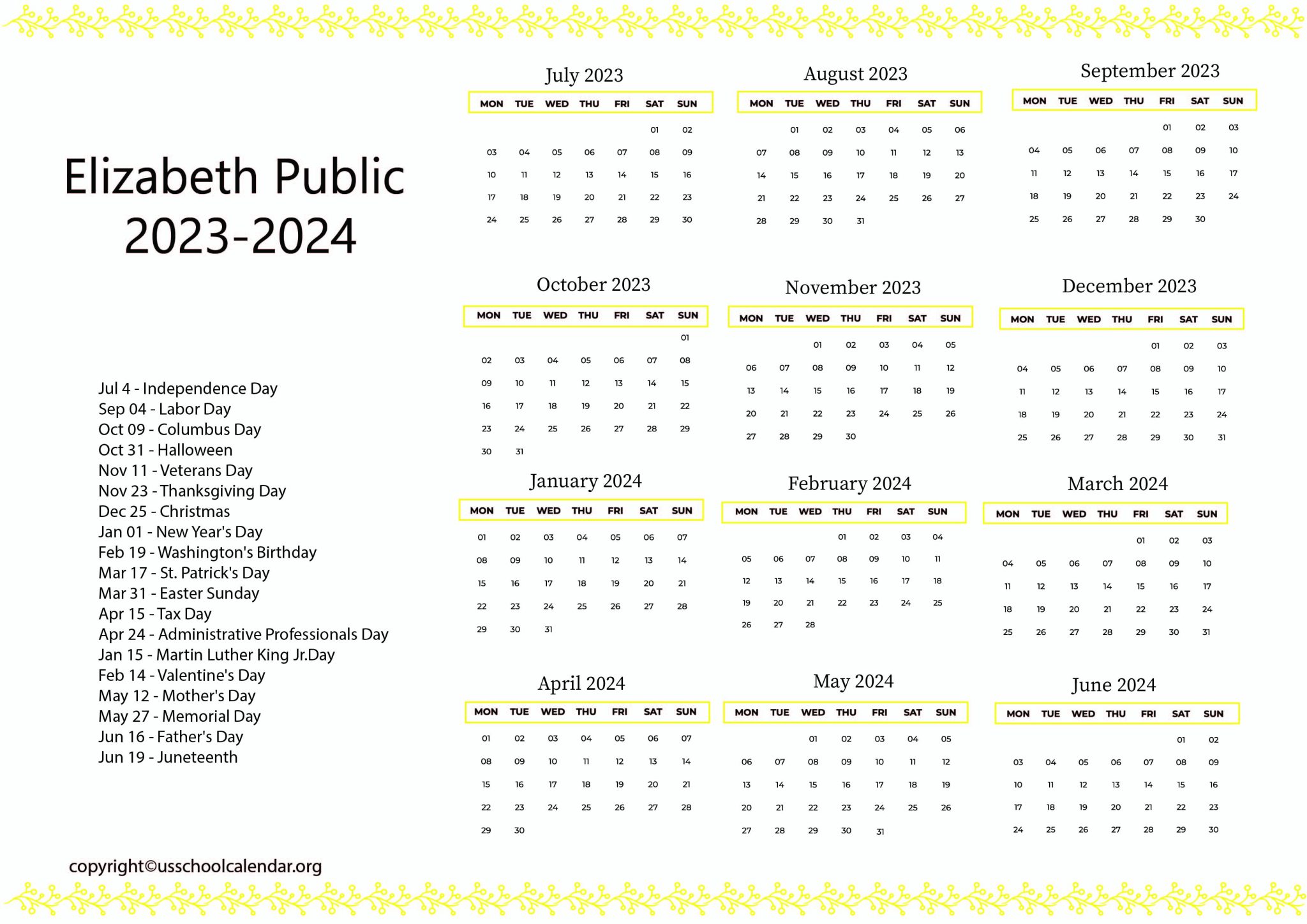 Elizabeth Public Schools Calendar with Holidays 20232024
