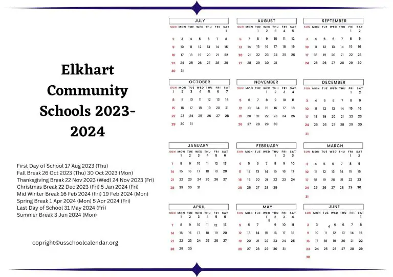 Elkhart Community Schools Calendar With Holidays 2023 2024