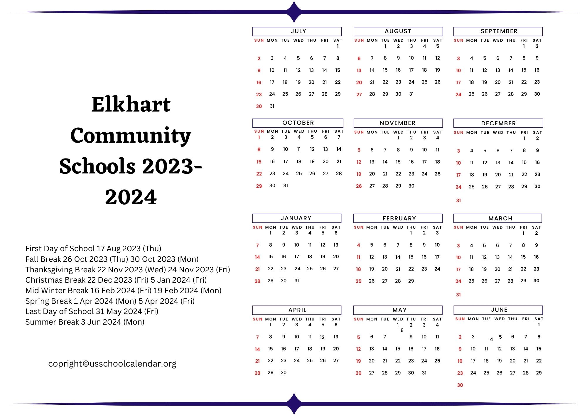 Elkhart Community Schools Calendar US School Calendar