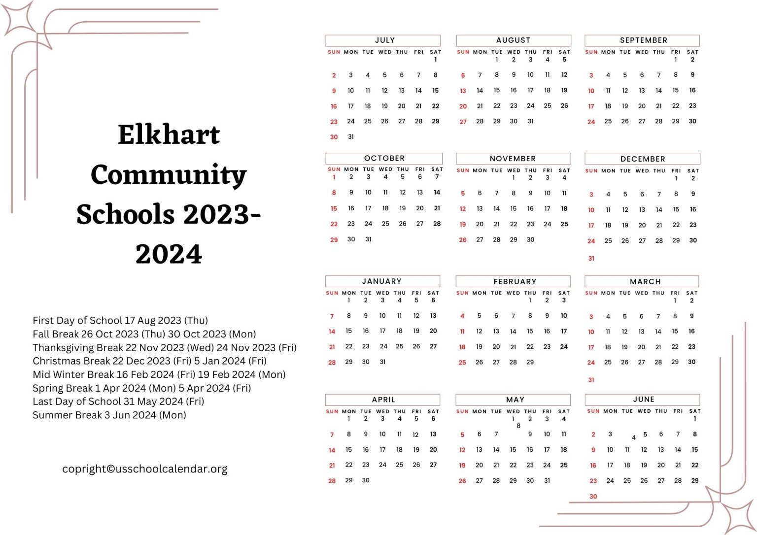 Elkhart Community Schools Calendar with Holidays 20232024