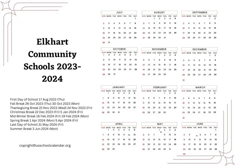 Elkhart Community Schools Calendar with Holidays 20232024