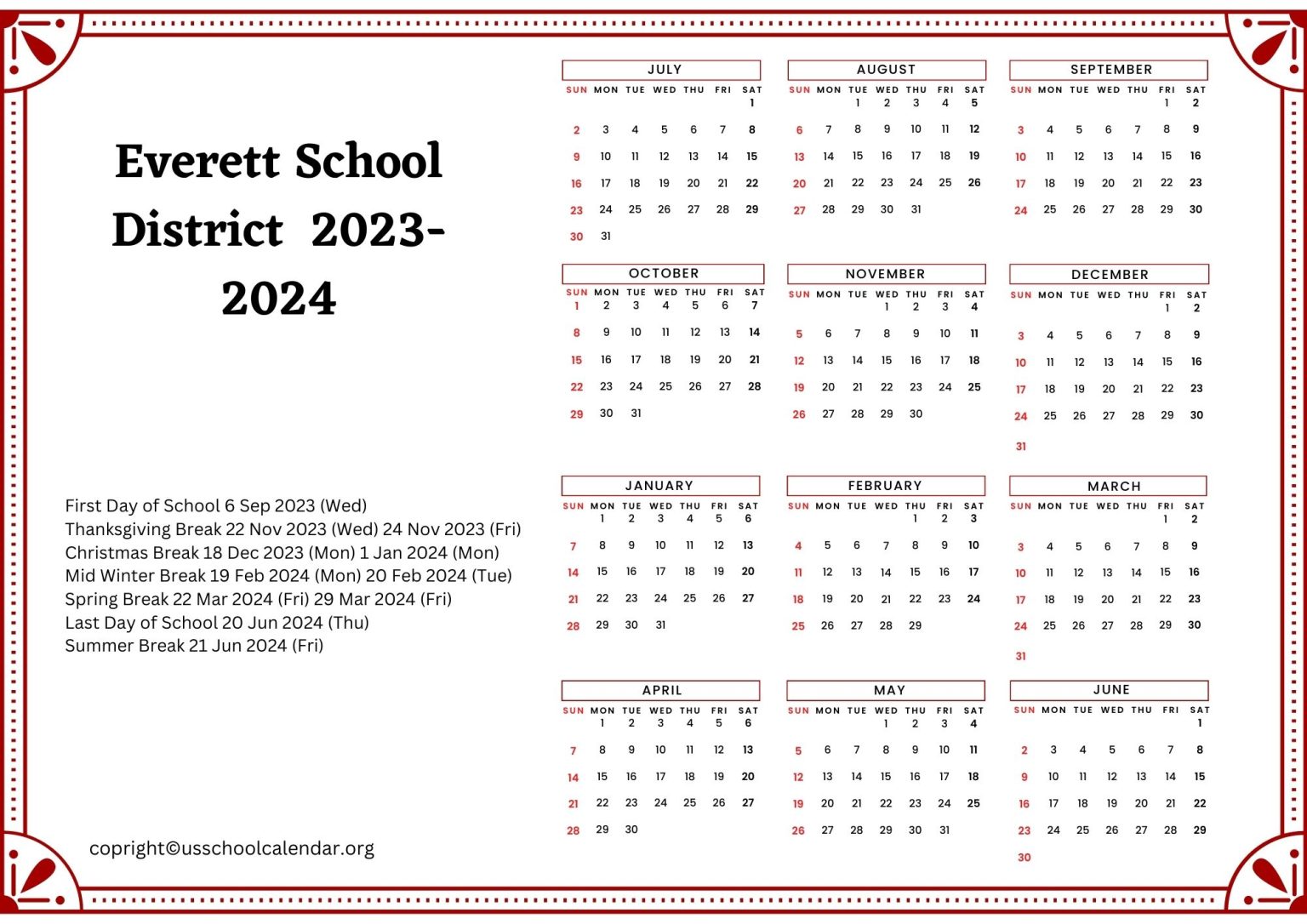 Everett School District Calendar with Holidays 20232024