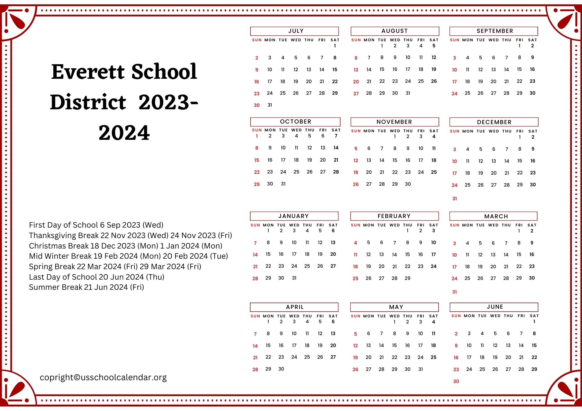 Everett School District Calendar with Holidays 20252025