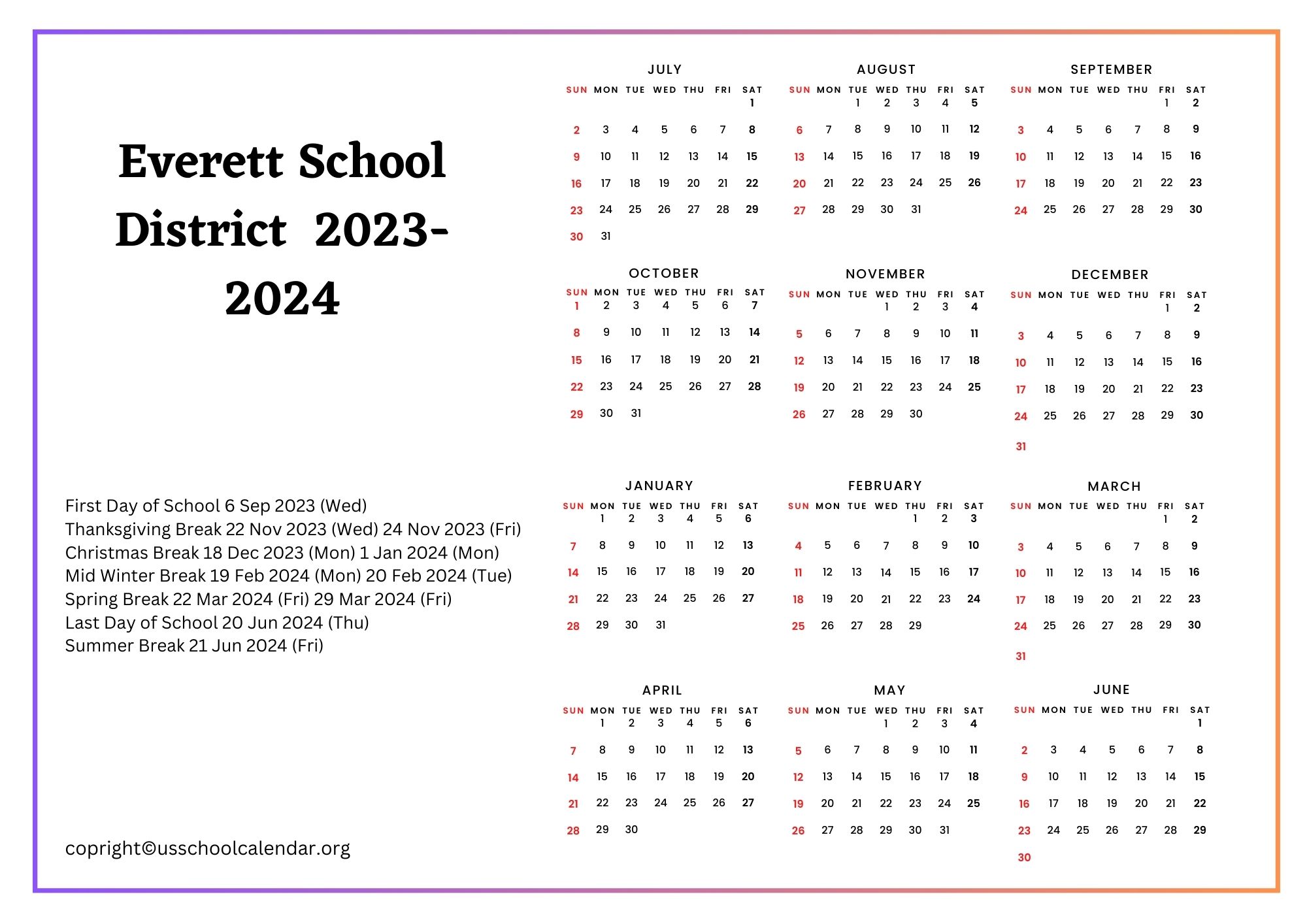 Everett School District Calendar with Holidays 2023 2024