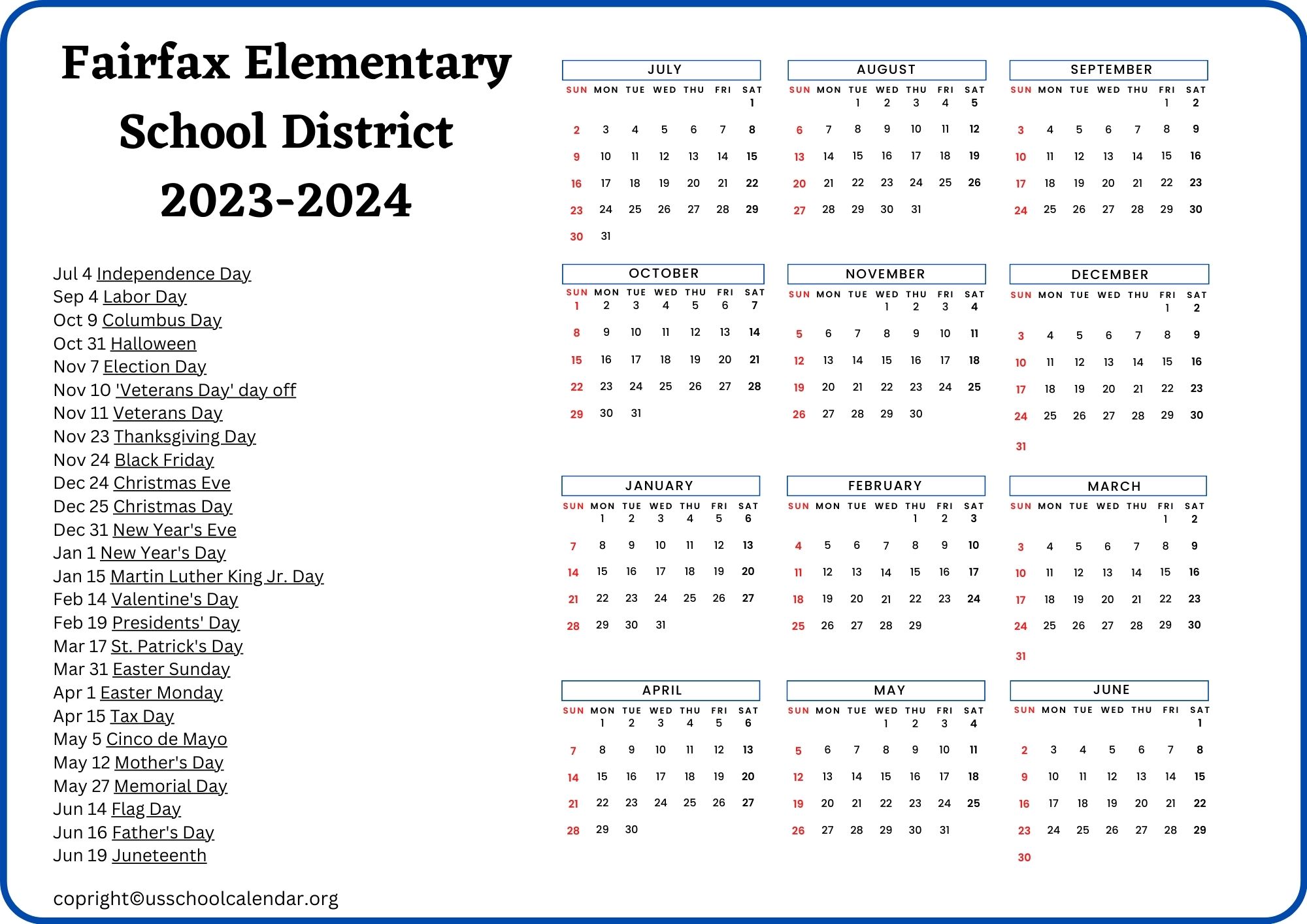 Fairfax Elementary School District Calendar Holidays 20232024