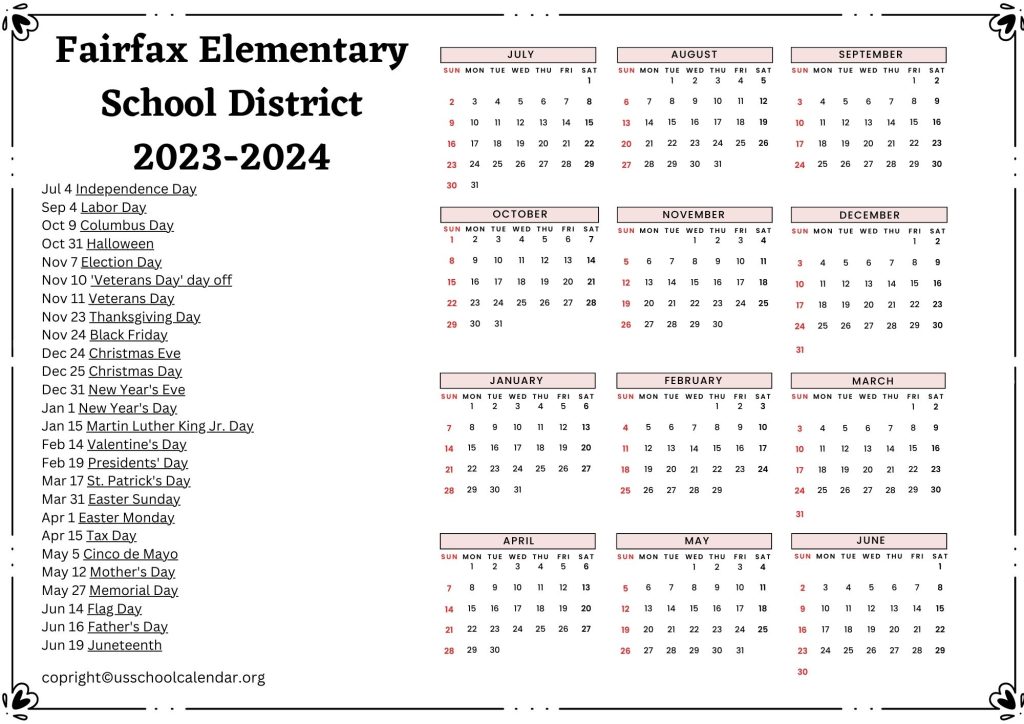 Fairfax Elementary School District Calendar
