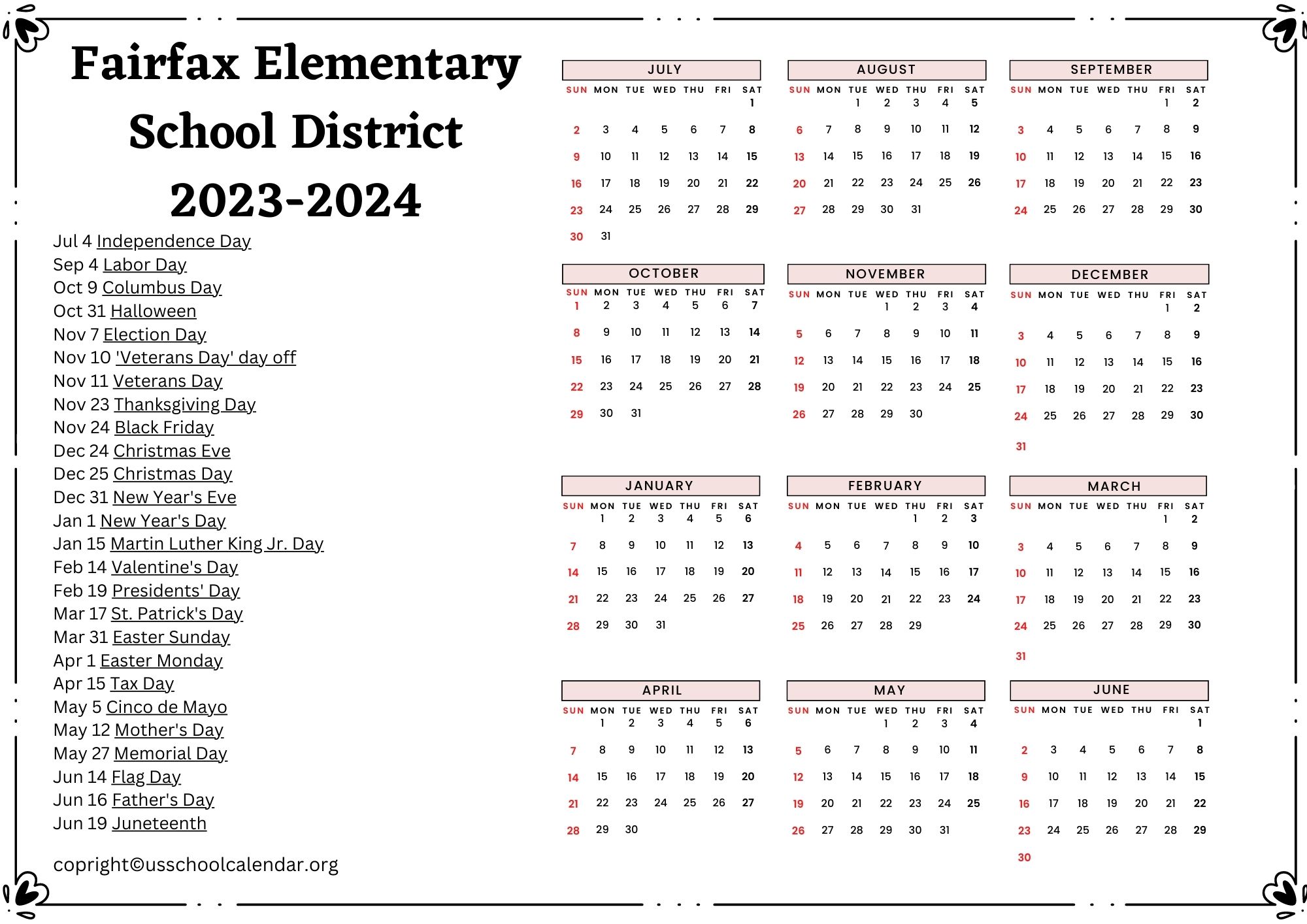 Fairfax Elementary School District Calendar Holidays 20232024