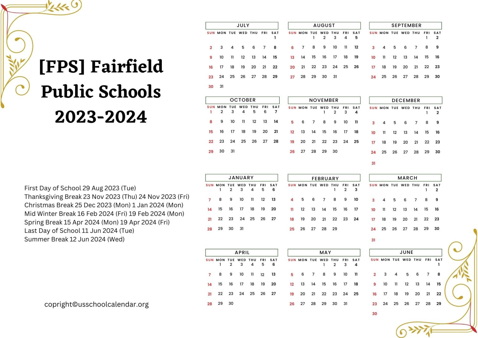 [FPS] Fairfield Public Schools Calendar with Holidays 2023-2024