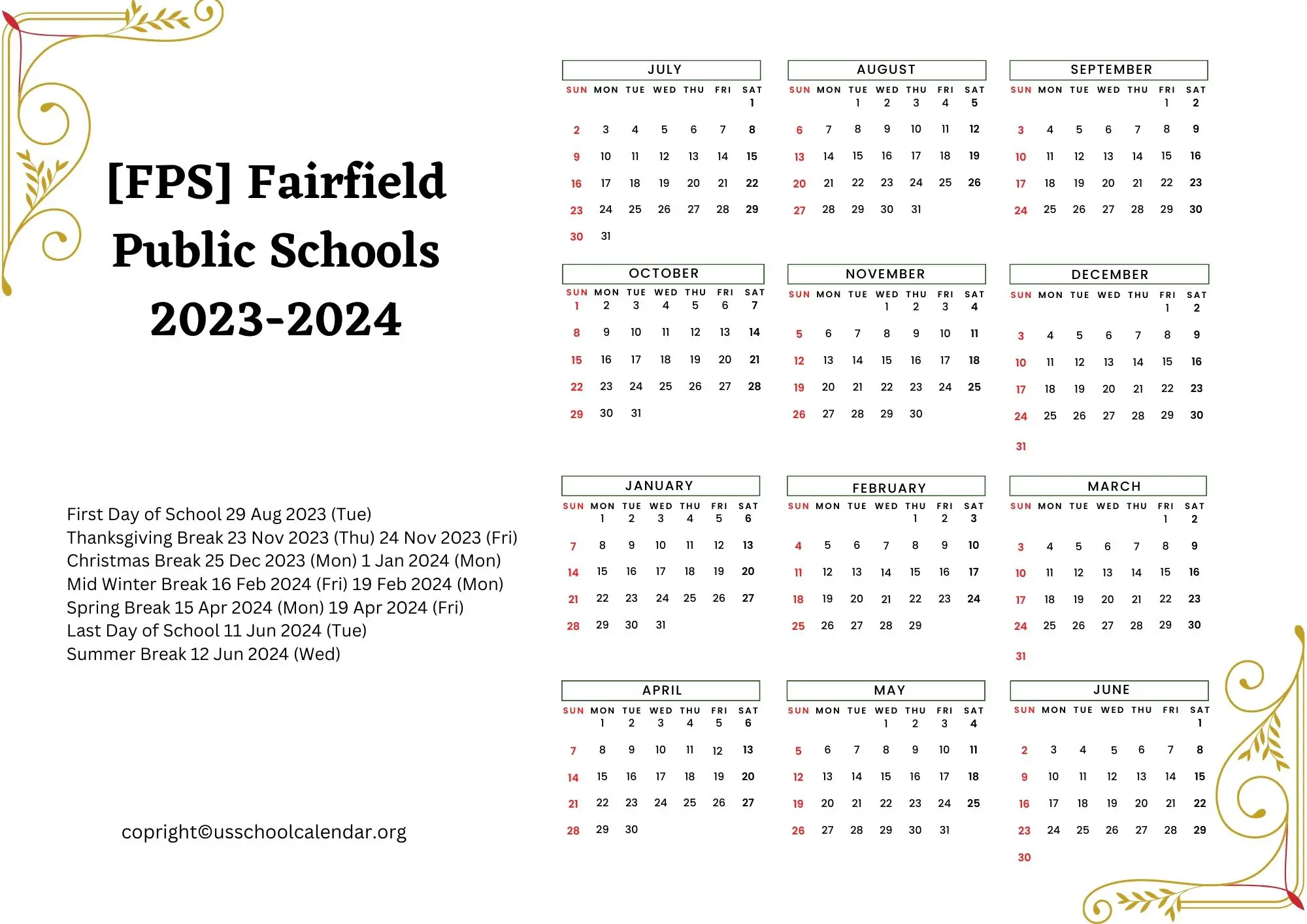 FPS Fairfield Public Schools Calendar with Holidays 2023 2024