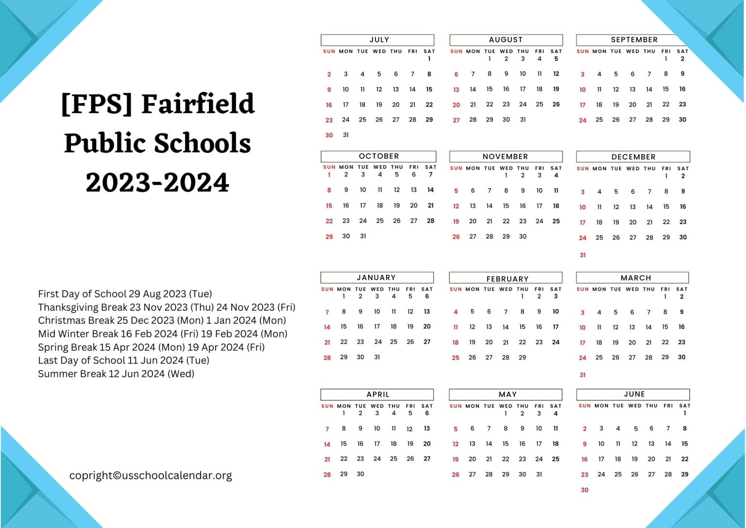 [FPS] Fairfield Public Schools Calendar with Holidays 20232024