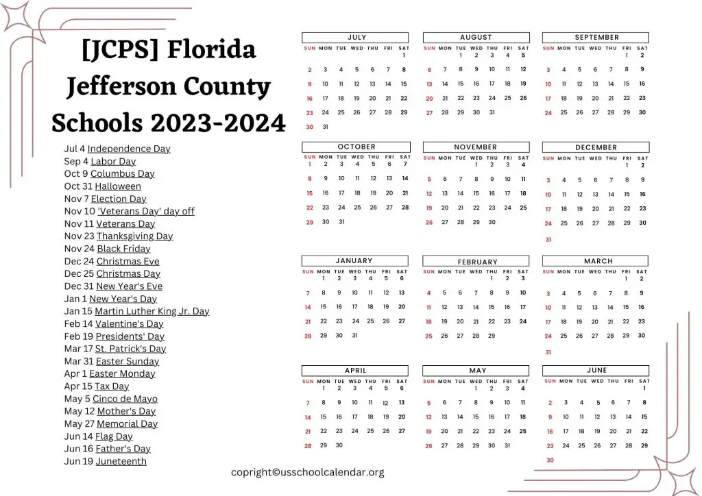 JCPS Florida Jefferson County Schools Calendar 2023 2024
