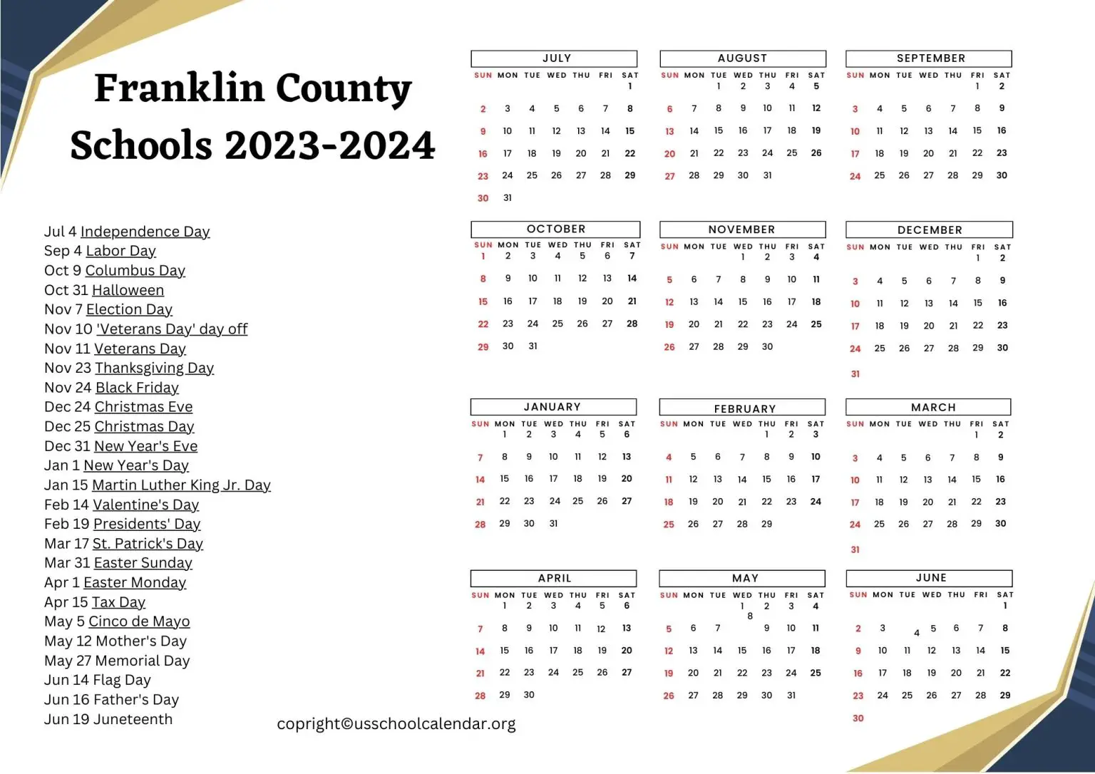 Franklin County Schools Calendar with Holidays 20232024