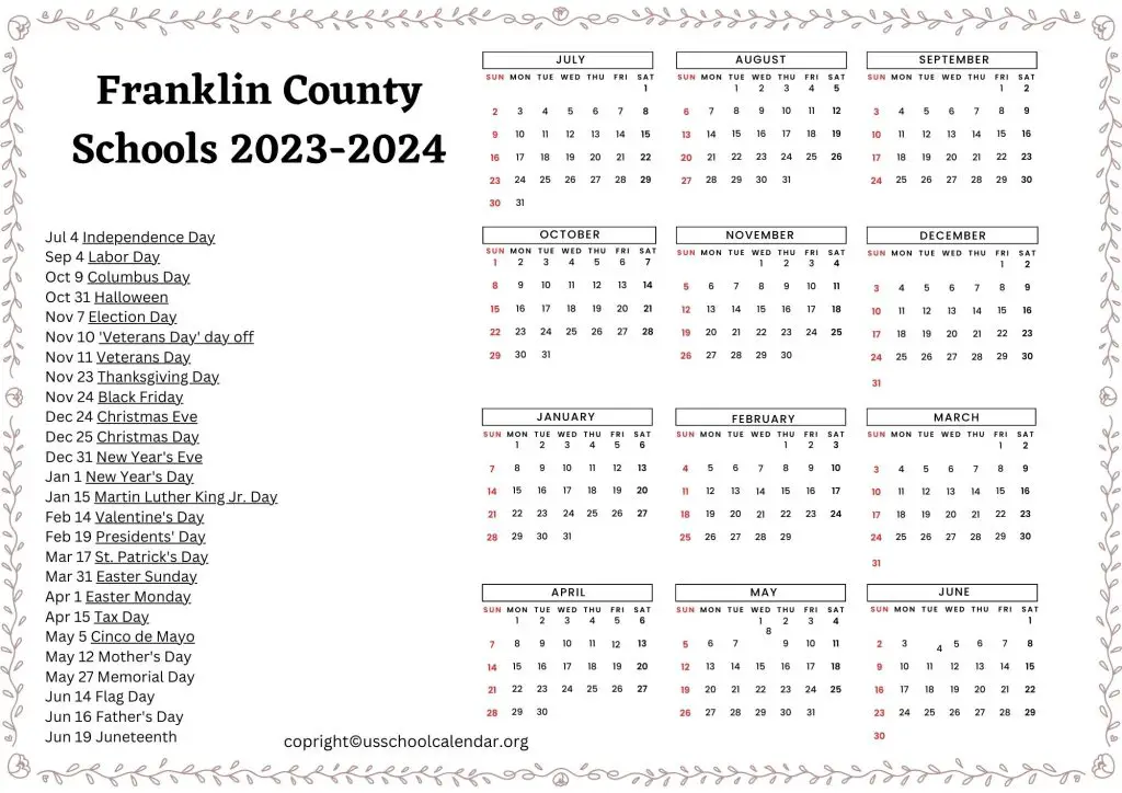 Franklin County Schools Holiday Calendar
