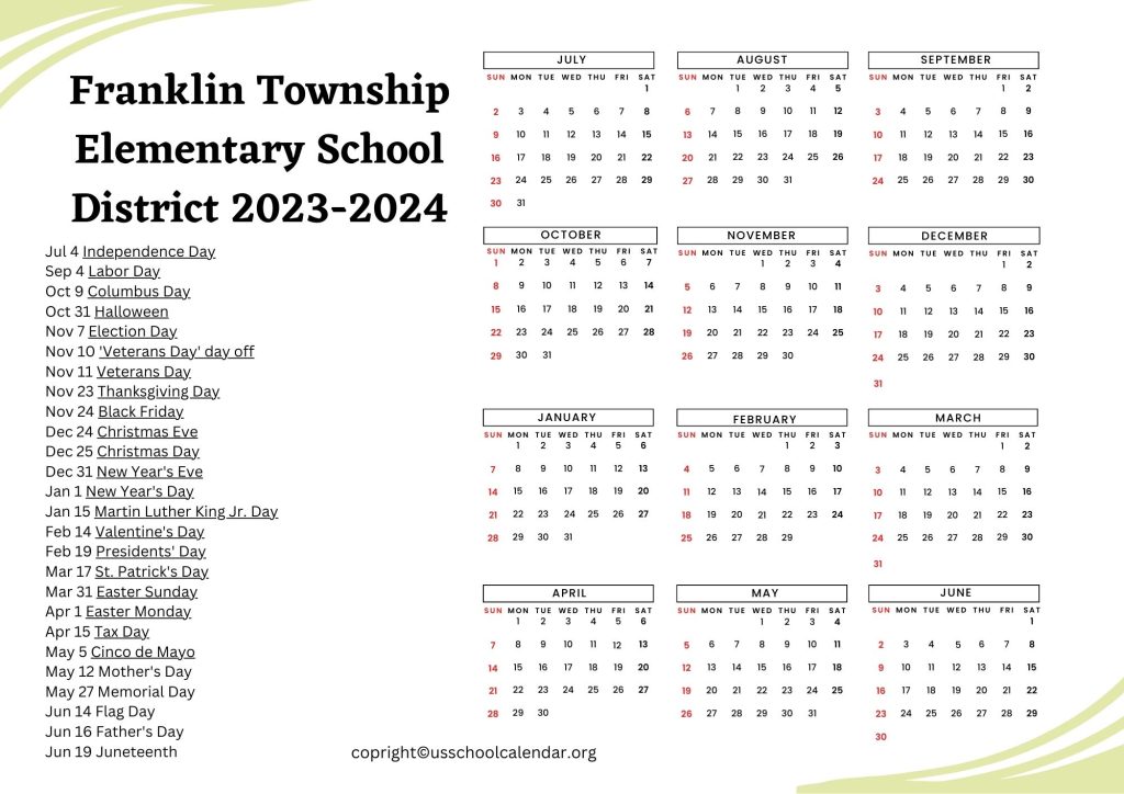 Franklin Elementary School District Calendar