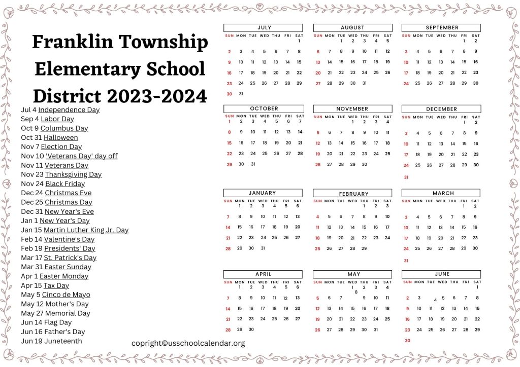 Franklin Township Elementary School District Calendar