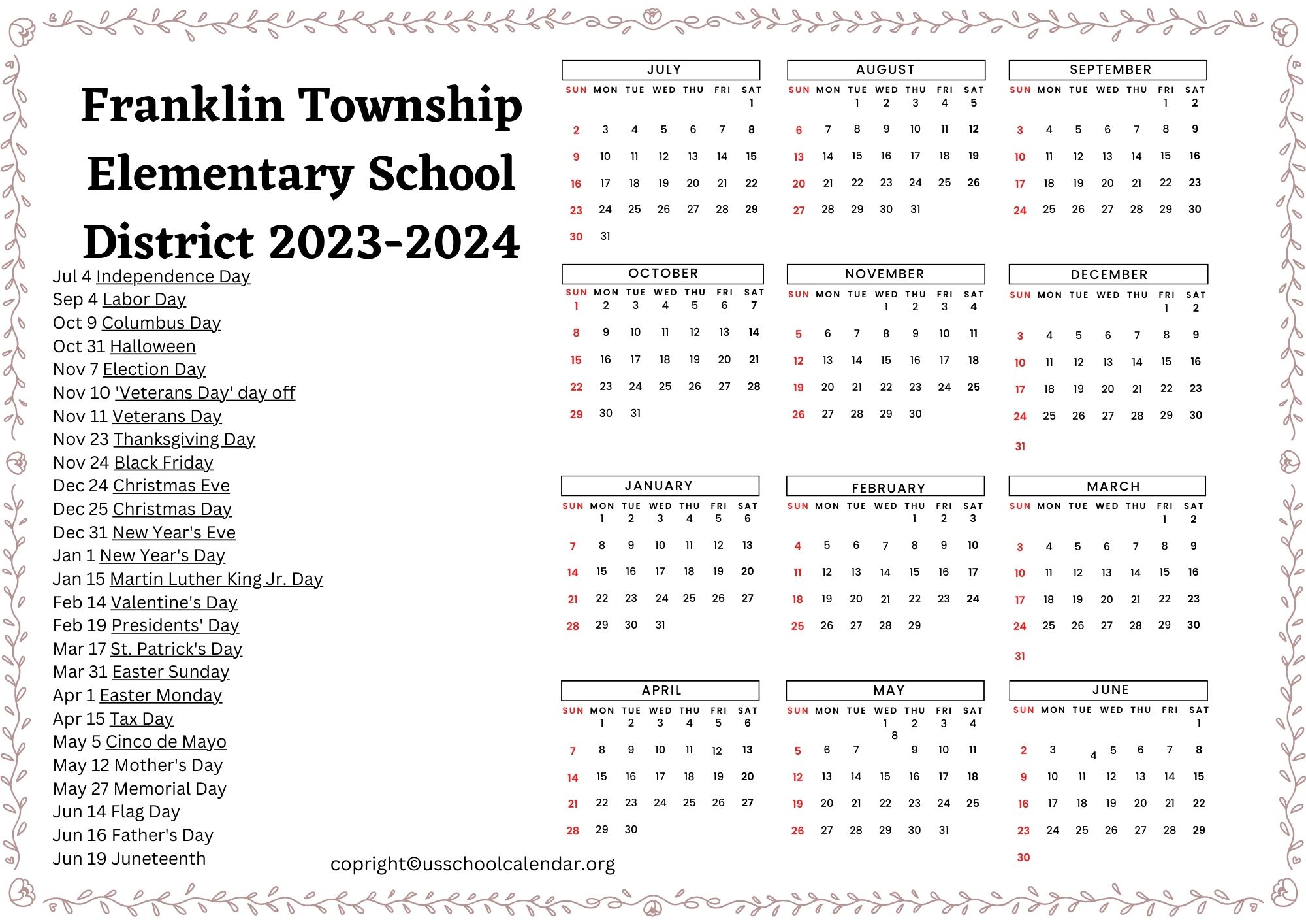 Franklin Township Elementary School District Calendar 20232024