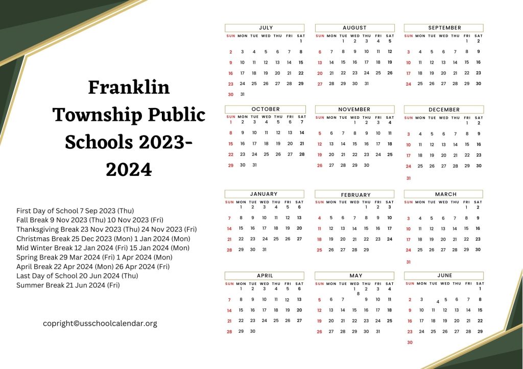 Franklin Township Public Schools Holiday Calendar