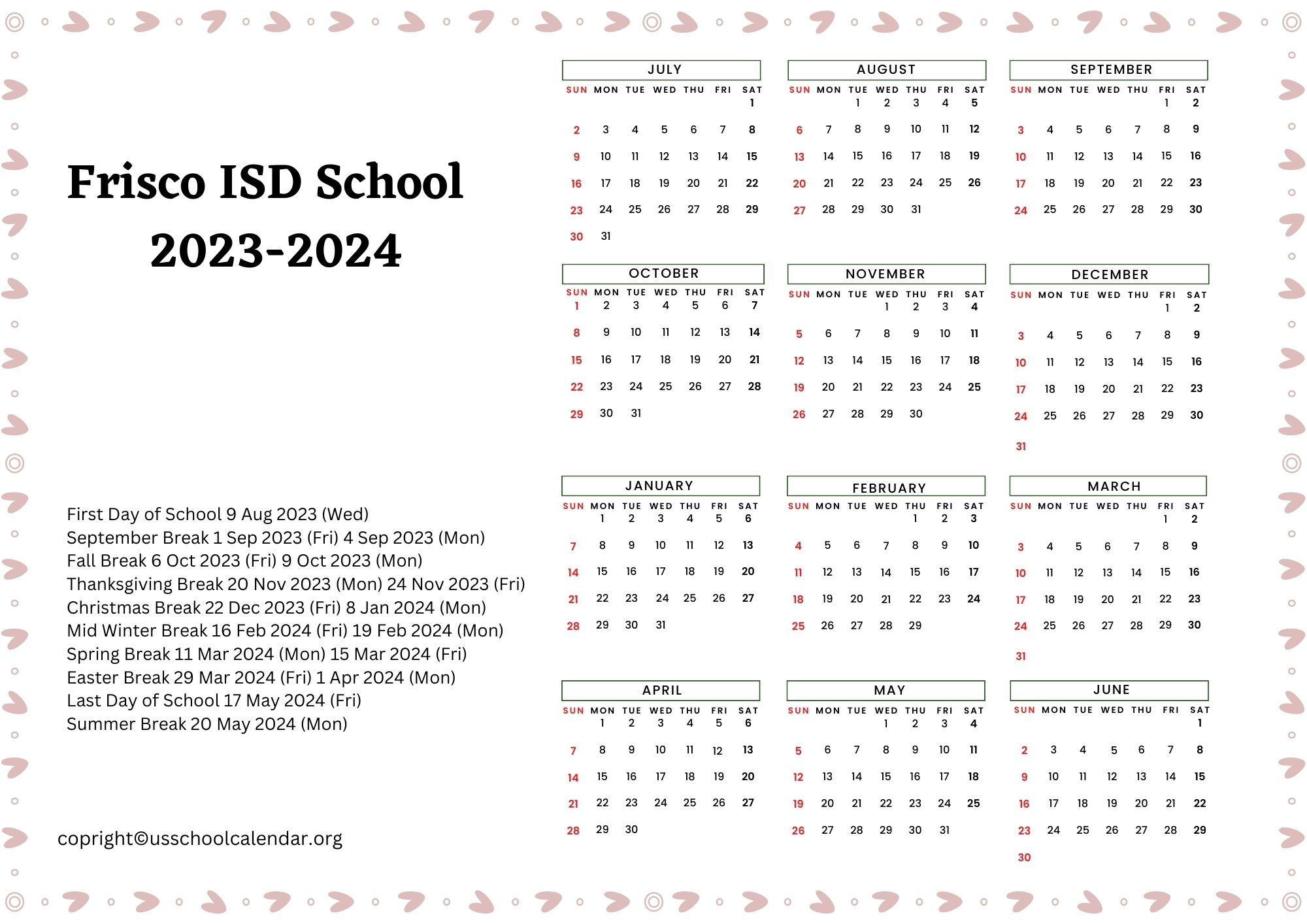 Frisco ISD School Calendar with Holidays 20232024