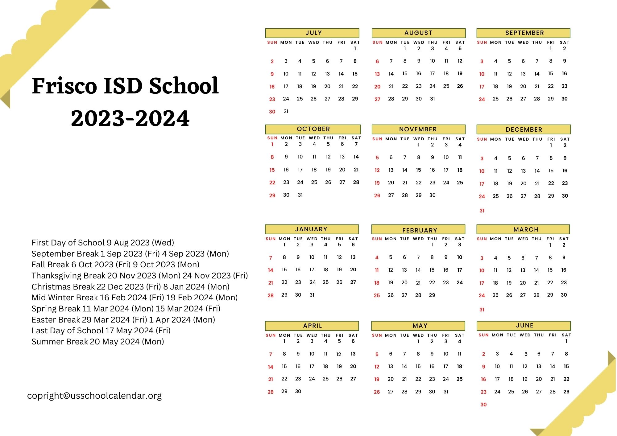 Frisco ISD School Calendar with Holidays 20232024